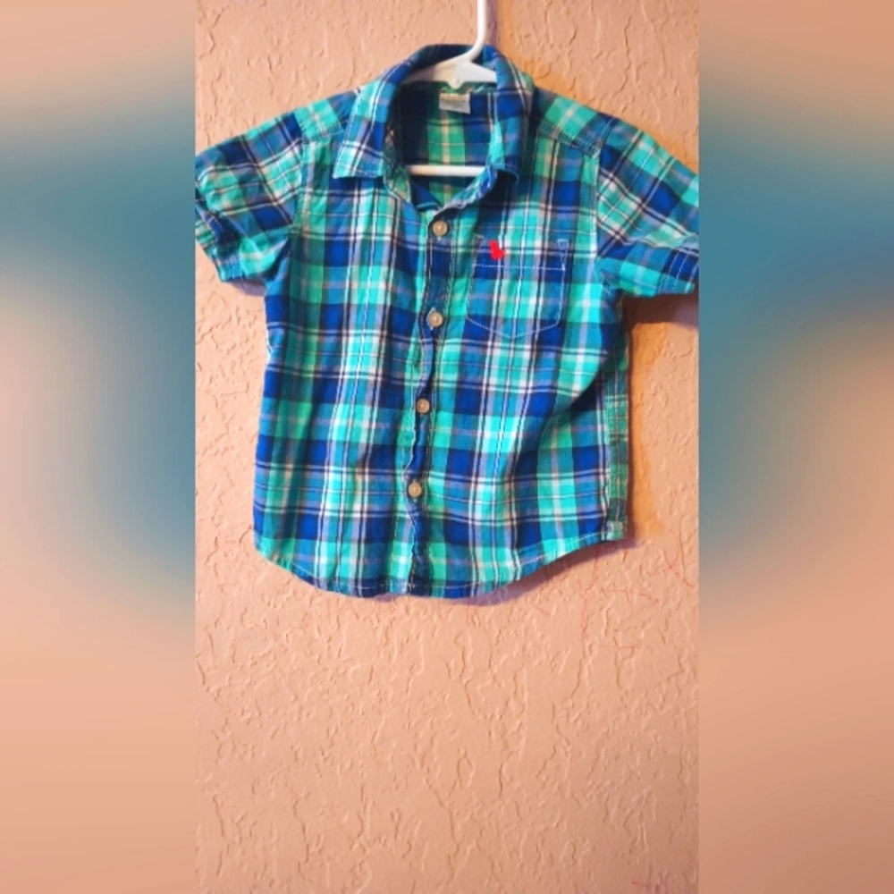 Short sleeved button down short sleeved shirt blue and teal size 18 months
